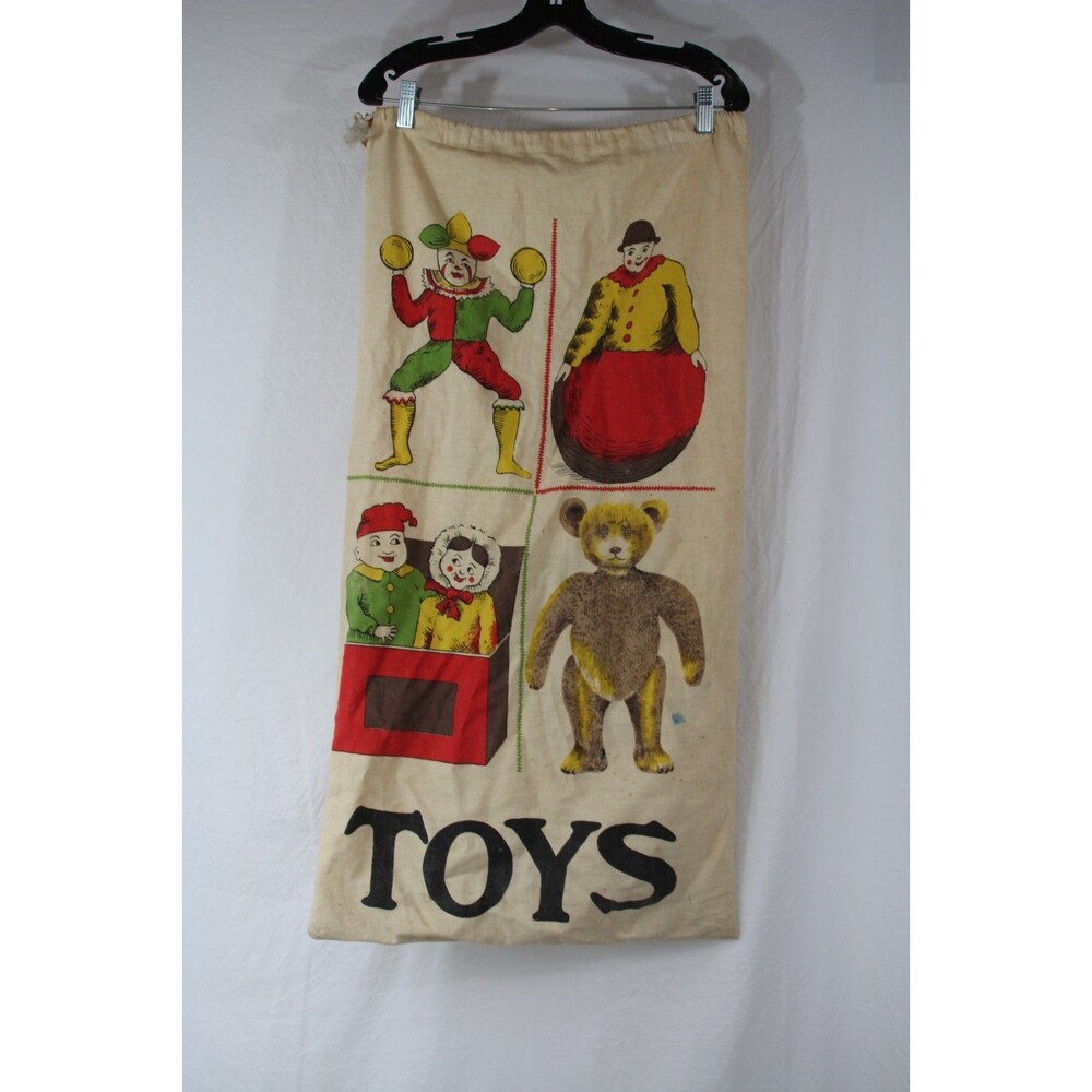 Toy Storage Drawstring Cotton Bag Multicolor  Silkscreened 1940s/70s Rare 15x30